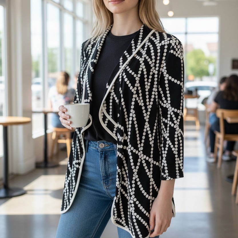 Frank Liman Montreal Black And White Dot-Pattern Open Front Jacket Size 10